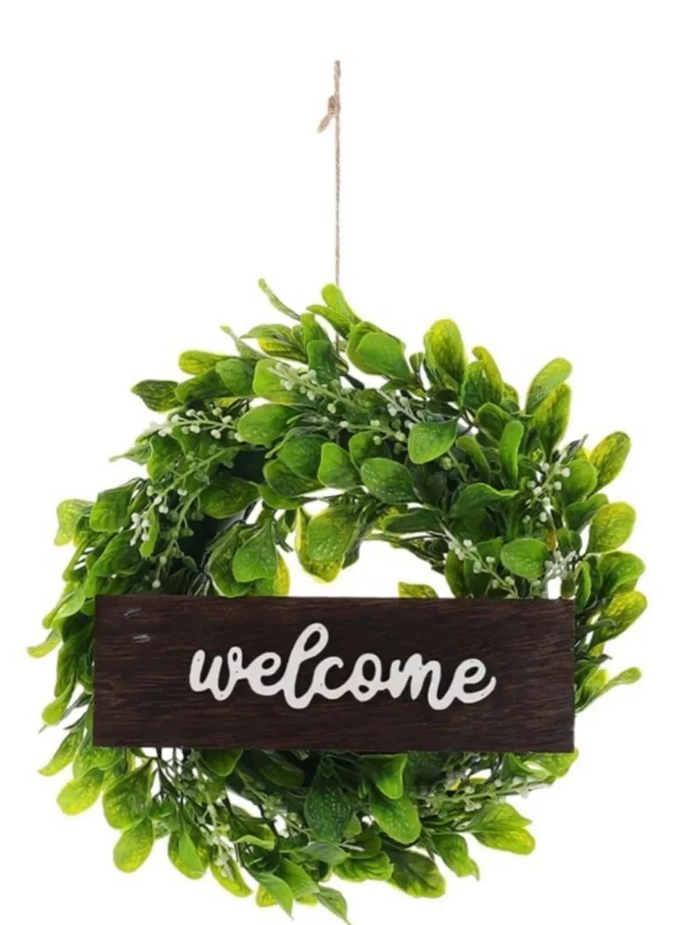 Welcome Green Boxwood Wreath Wall Hanging - 13”, New